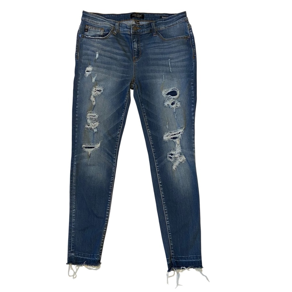 JUDY BLUE Jeans Skinny Fit Distressed Patchwork Raw Hem Stretch Denim Size 15/32